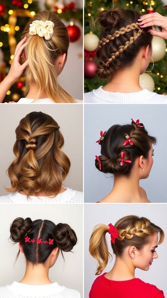 90s Inspired Christmas Hairstyles Collage of 90s Christmas hairstyles including high ponytail, crimped hair, half-up style, space buns, and side ponytail.